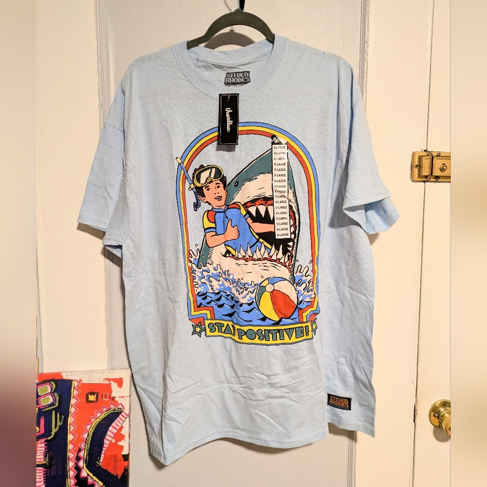 Threadless Steven Rhodes Stay Positive Shark Attack T-shirt XL NWT